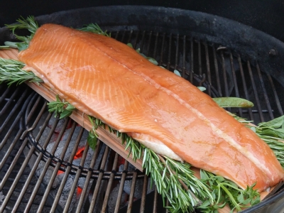 Lachsfilet auf einem Kräuterbett gegrillt
